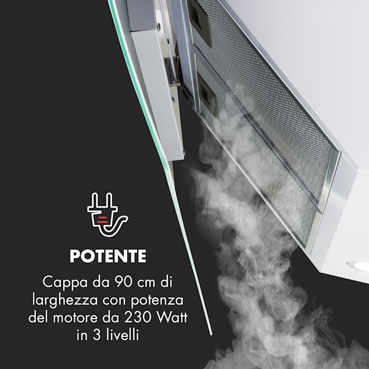 Annabelle 90 - Cappa aspirante, vetro, 595 m³/h, pannello touch, bianco