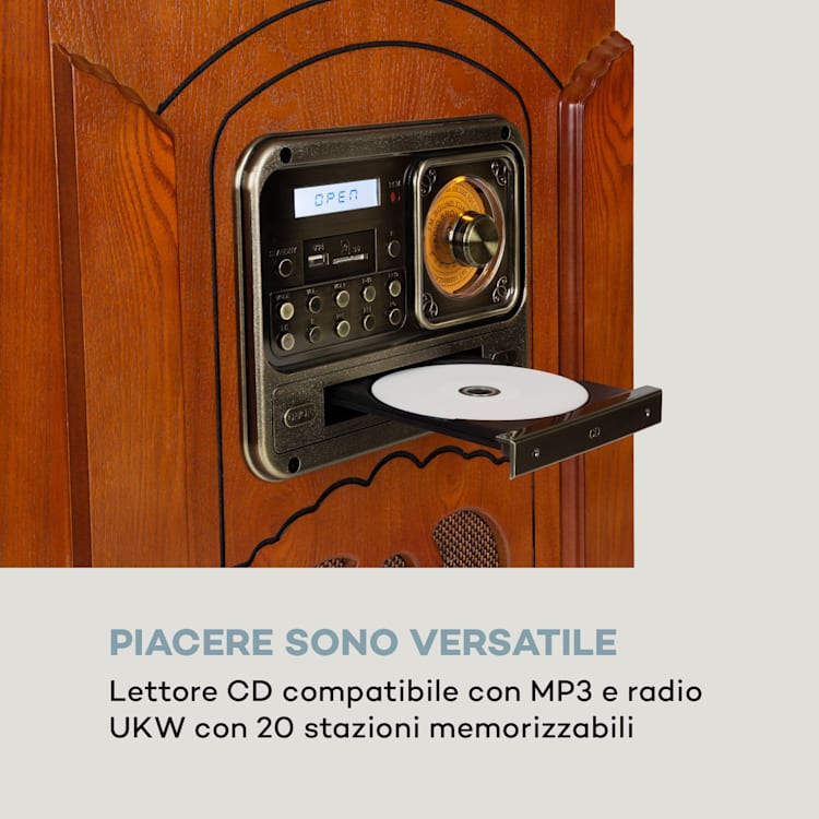 Musicbox Jukebox, Giradischi, Lettore CD, BT, USB, SD, Ricevitore FM, Legno