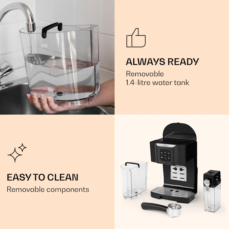 BellaVita Coffee Maker 3-in-1 1450 W 20 Bar Milk Frother Black Metallic