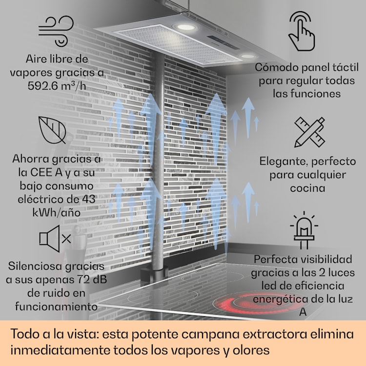 Campana extractora empotrada Paolo 52,5 cm EEK: A 593 m³/h LED Touch 52 cm | Plata