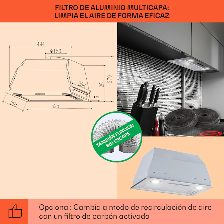 Campana extractora empotrada Paolo 52,5 cm EEK: A 593 m³/h LED Touch 52 cm | Plata