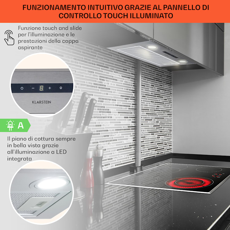 Paolo - Cappa aspirante da incasso, 52,5 cm, classe energetica: A, 593 m³/h, LED Touch 52 cm | Argento