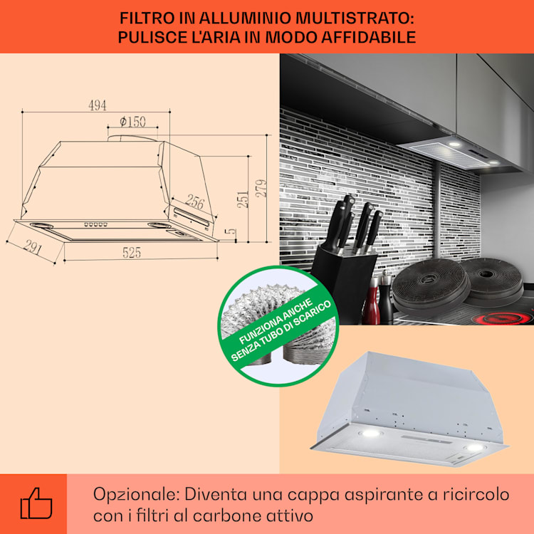 Paolo - Cappa aspirante da incasso, 52,5 cm, classe energetica: A, 593 m³/h, LED Touch 52 cm | Argento