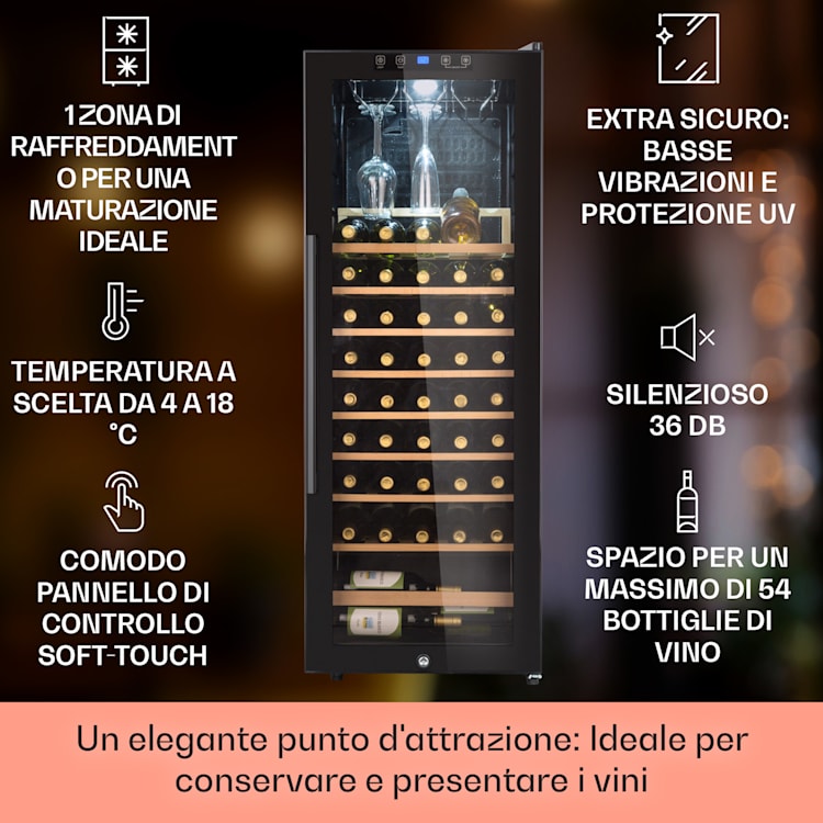 Barossa 54 Uno - Frigorifero per vini, 155 L, 54 bottiglie, porta di vetro, touch, LED