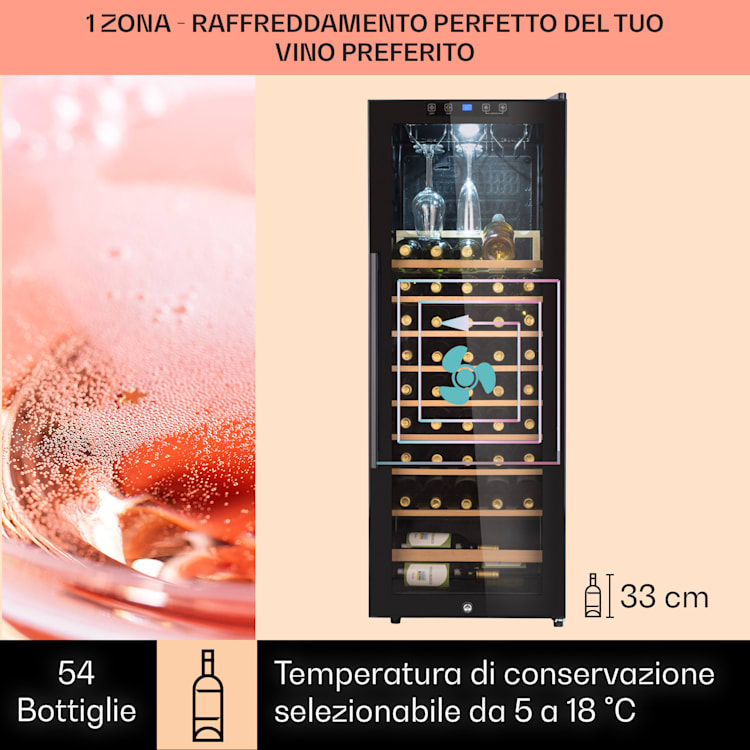 Barossa 54 Uno - Frigorifero per vini, 155 L, 54 bottiglie, porta di vetro, touch, LED