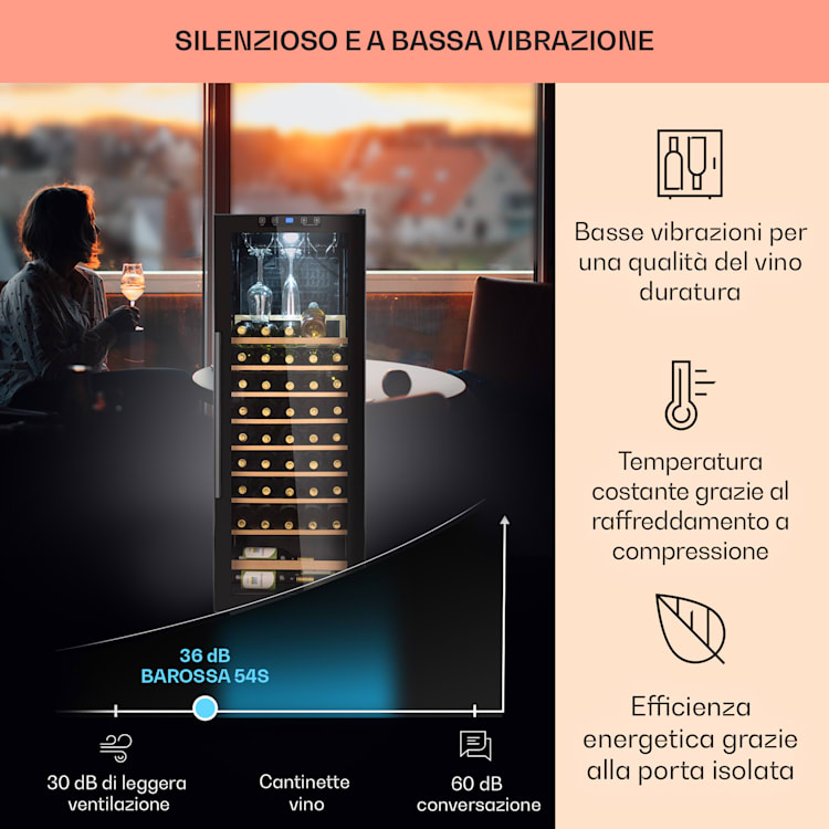 Barossa 54 Uno - Frigorifero per vini, 155 L, 54 bottiglie, porta di vetro, touch, LED