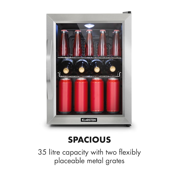 Beersafe M, lodówka na napoje, klasa energetyczna C, LED, 2 kratki metalowe, szklane drzwi 33 Ltr | Stal nierdzewna