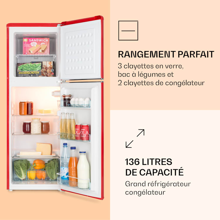 Audrey koelvriescombinatie 97 liter/ 39 liter retro look 2 schappen Rood