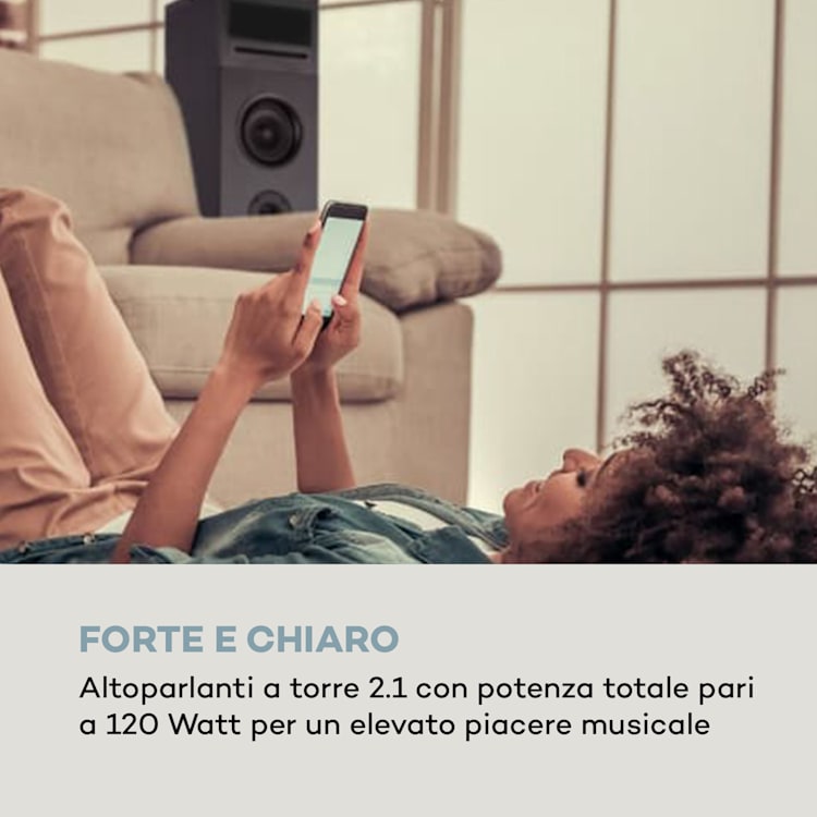 Karaboom 100 Sing, torre per karaoke da 120 W max., con lettore CD e 2 microfoni senza fili