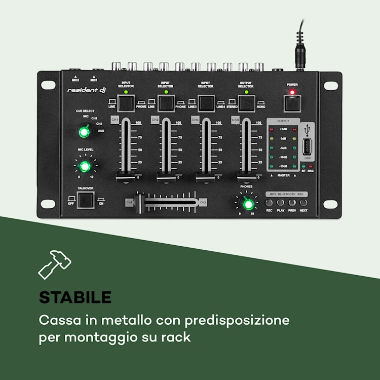Amnesia Mixer a 4 Canali, BT, USB, MP3, 2 x Microfoni, nero