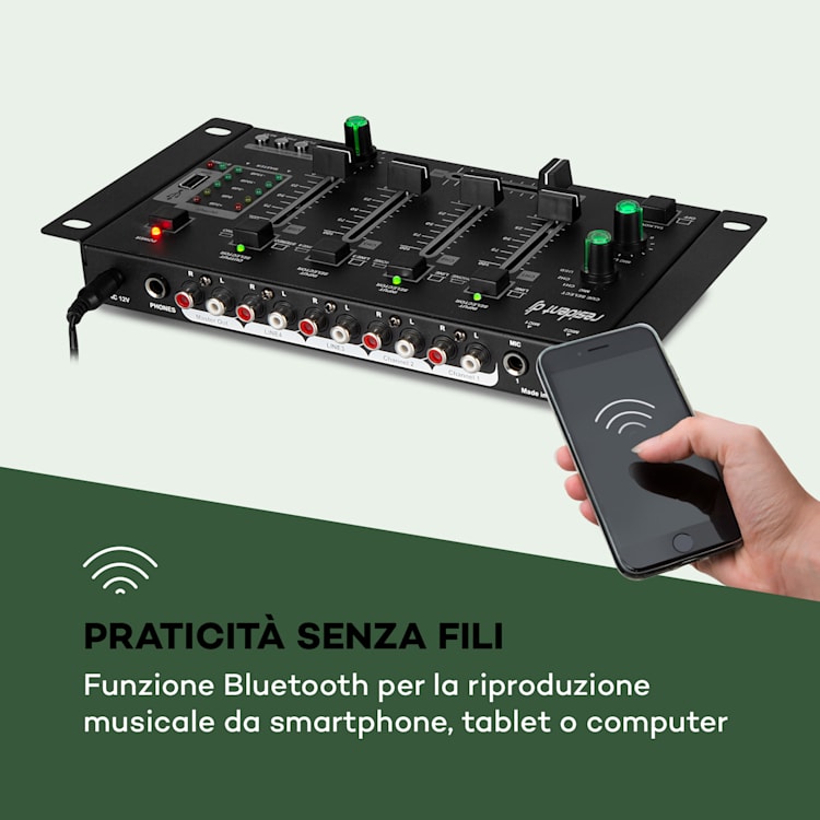 Amnesia Mixer a 4 Canali, BT, USB, MP3, 2 x Microfoni, nero