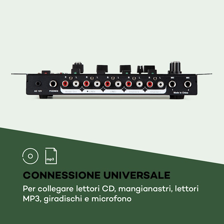 Amnesia Mixer a 4 Canali, BT, USB, MP3, 2 x Microfoni, nero