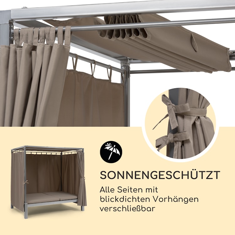 Eremitage Double Sunbed 2 Pers Stahl-Rahmen Sonnendach Vorhänge taupe Taupe