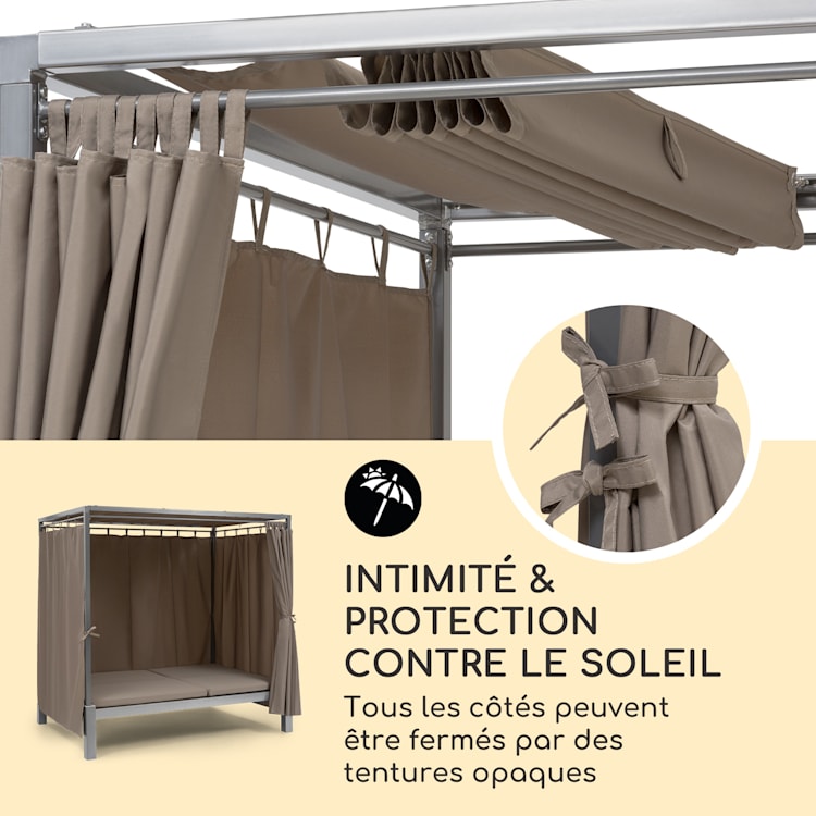 Eremitage Bain de soleil 2 personnes cadre acier pare-soleil rideaux t Taupe