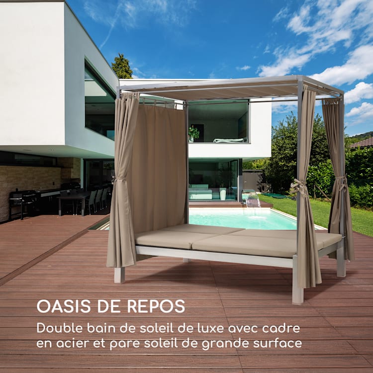 Eremitage Bain de soleil 2 personnes cadre acier pare-soleil rideaux t Taupe