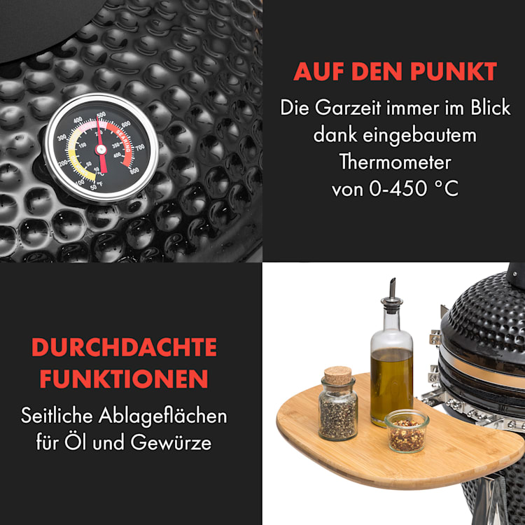 Queensize Kamado Grill Thermometer abnehmbare Seitenteile schwarz