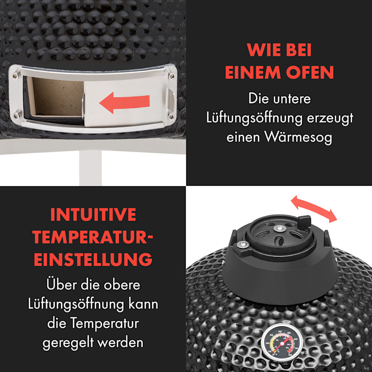 Queensize Kamado Grill Thermometer abnehmbare Seitenteile schwarz
