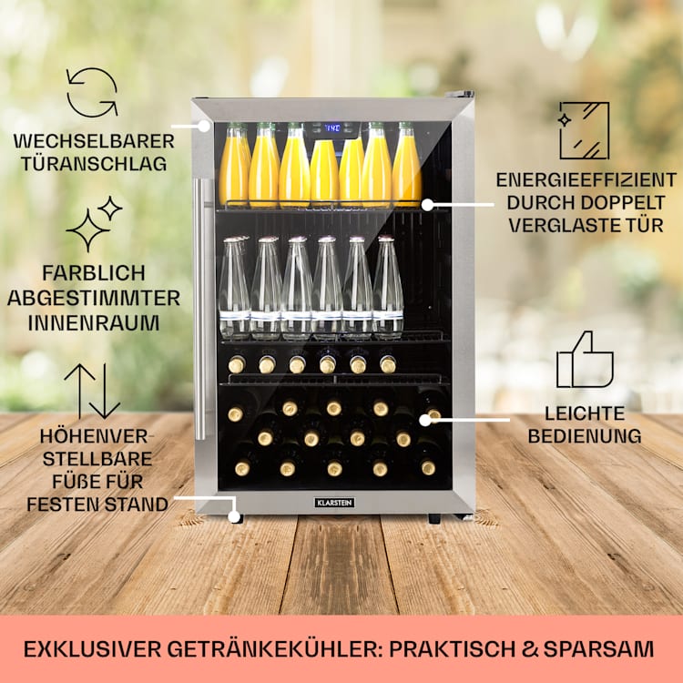 Beersafe 5XL Kühlschrank 148 Liter 3 Böden Panoramaglastür Edelstahl 148 Ltr | Edelstahl