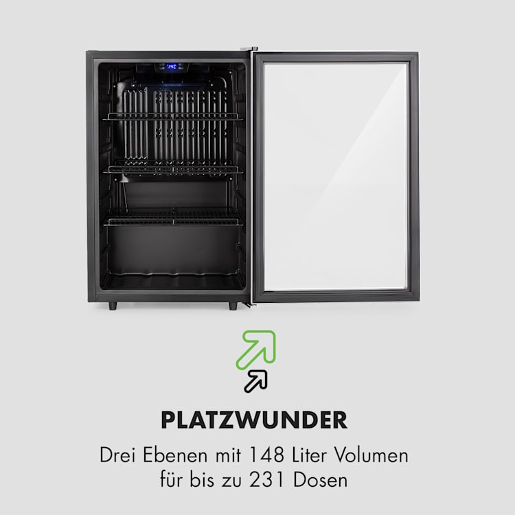 Beersafe 5XL Kühlschrank 148 Liter 3 Böden Panoramaglastür Edelstahl 148 Ltr | Edelstahl