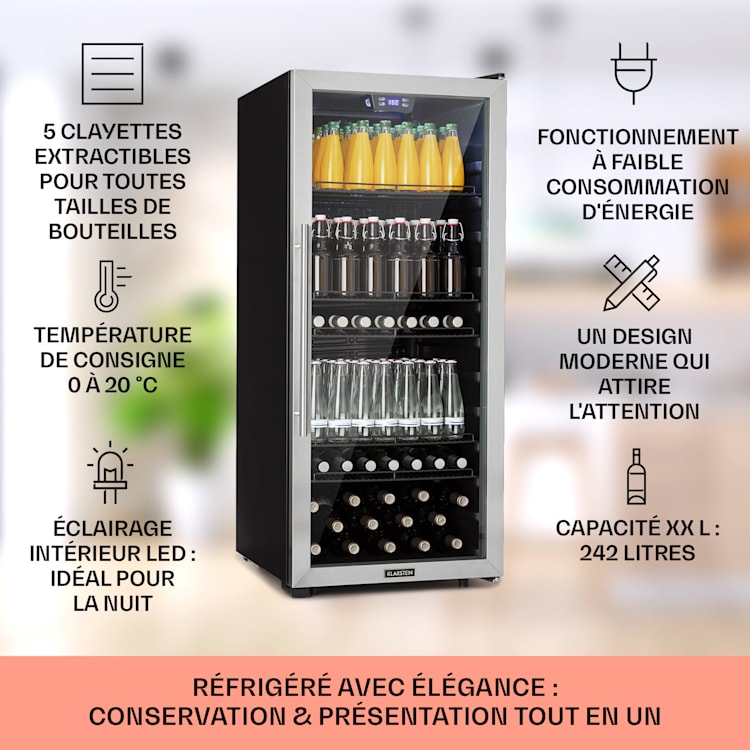Beersafe 7XL Réfrigérateur 242 litres 5 clayettes Porte en verre panoramique Acier inoxydable 242 L | Acier Inoxydable
