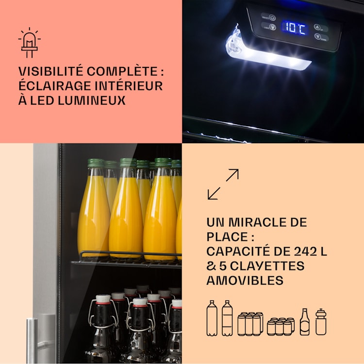 Beersafe 7XL Réfrigérateur 242 litres 5 clayettes Porte en verre panoramique Acier inoxydable 242 L | Acier Inoxydable