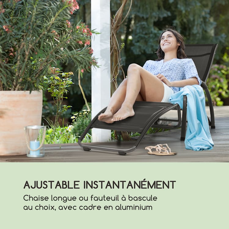 Beverly Wood Chaise longue à bascule bain de soleil aluminium noir Noir