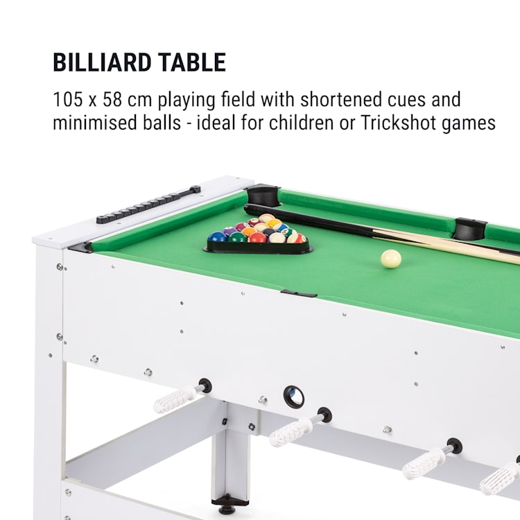 Spin 2-in-1 speeltafel biljart tafelvoetbal 180° draaibaar speelaccessoires wit
