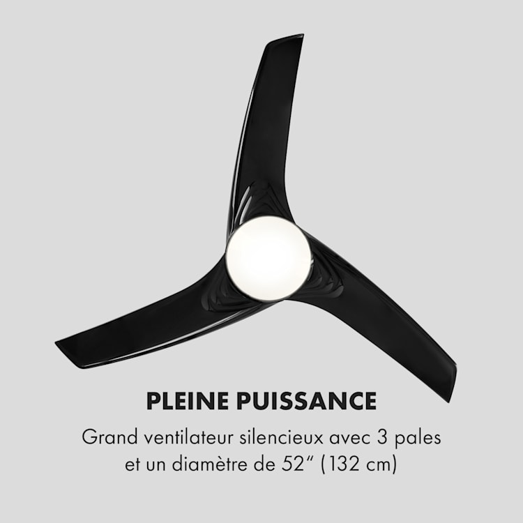 Figo ventilateur de plafond 52" (132 cm)  Ø, puissance : 55 watts, noir 132 cm (pièces de 13 à 25 m²) | Télécommande | Noir