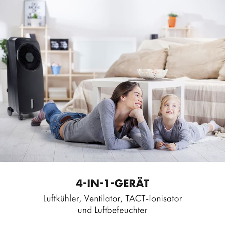 Rotator 4-in-1 Luftkühler Ventilator Luftbefeuchter Luftreiniger 396 m³/h | 110 Watt | Tank: 7 Liter | 3 Windstärken | 360°Oszillation | Ionisator | Timer | Fernbedienung | mobil Schwarz