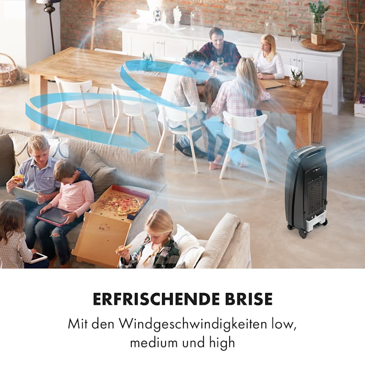 Rotator 4-in-1 Luftkühler Ventilator Luftbefeuchter Luftreiniger 396 m³/h | 110 Watt | Tank: 7 Liter | 3 Windstärken | 360°Oszillation | Ionisator | Timer | Fernbedienung | mobil Schwarz