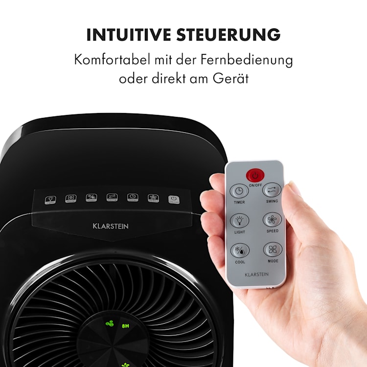 Rotator 4-in-1 Luftkühler Ventilator Luftbefeuchter Luftreiniger 396 m³/h | 110 Watt | Tank: 7 Liter | 3 Windstärken | 360°Oszillation | Ionisator | Timer | Fernbedienung | mobil Schwarz
