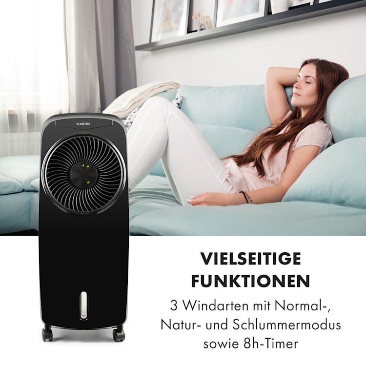Rotator 4-in-1 Luftkühler Ventilator Luftbefeuchter Luftreiniger 396 m³/h | 110 Watt | Tank: 7 Liter | 3 Windstärken | 360°Oszillation | Ionisator | Timer | Fernbedienung | mobil Schwarz