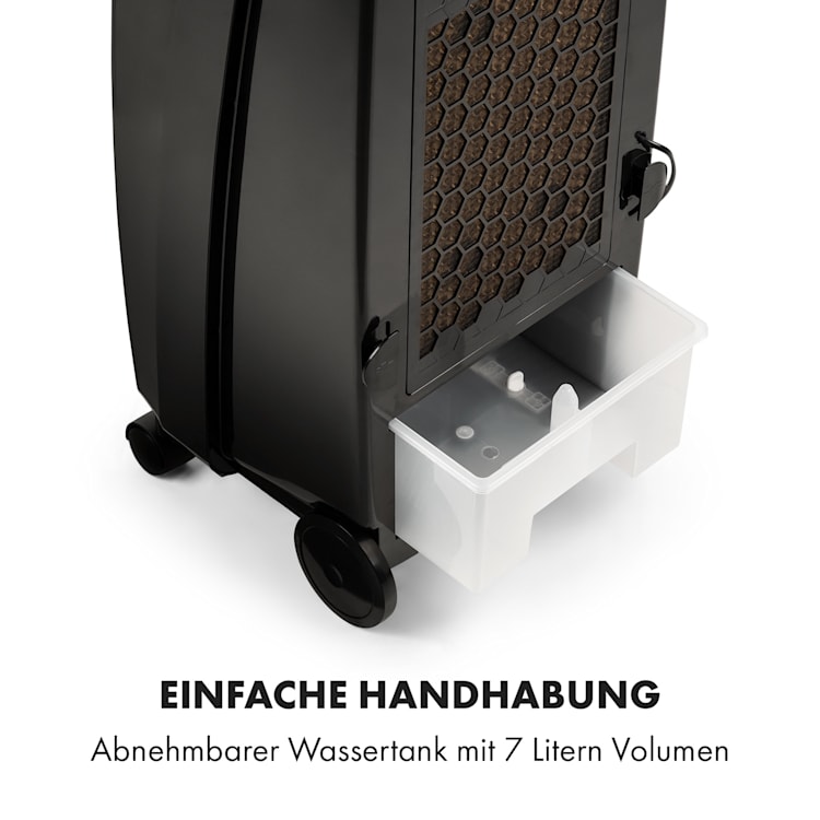 Rotator 4-in-1 Luftkühler Ventilator Luftbefeuchter Luftreiniger 396 m³/h | 110 Watt | Tank: 7 Liter | 3 Windstärken | 360°Oszillation | Ionisator | Timer | Fernbedienung | mobil Schwarz