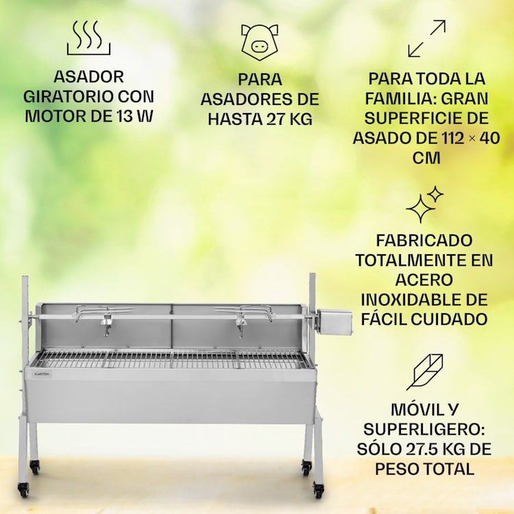 Sauenland Pro Asador para lechón Espetón giratorio 13W 4 ruedas Acero inoxidable