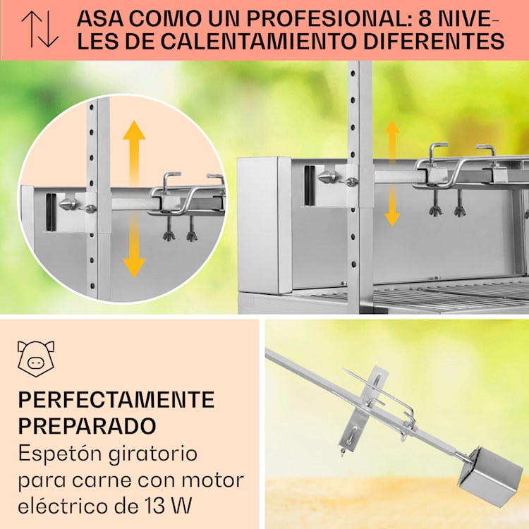 Sauenland Pro Asador para lechón Espetón giratorio 13W 4 ruedas Acero inoxidable