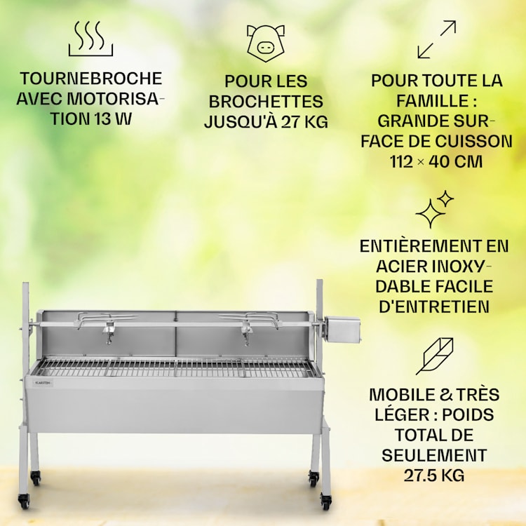 Sauenland Pro Barbecue broche pour cochon de lait 13W 4 roulettes inox