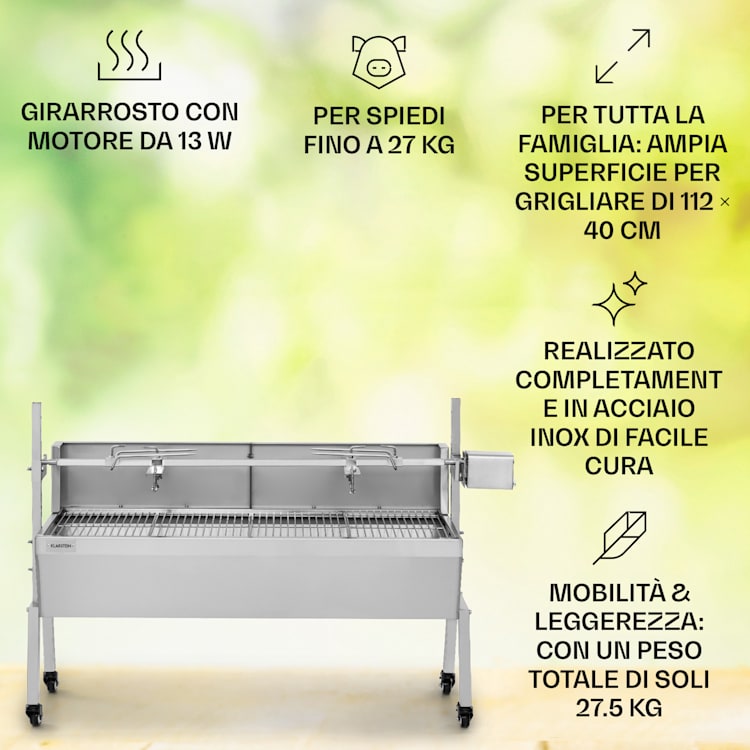 Sauenland Pro griglia da porchetta con spiedo 13W 4 ruote acciaio inox