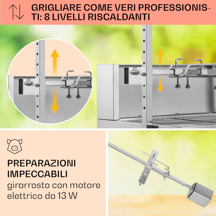 Sauenland Pro griglia da porchetta con spiedo 13W 4 ruote acciaio inox