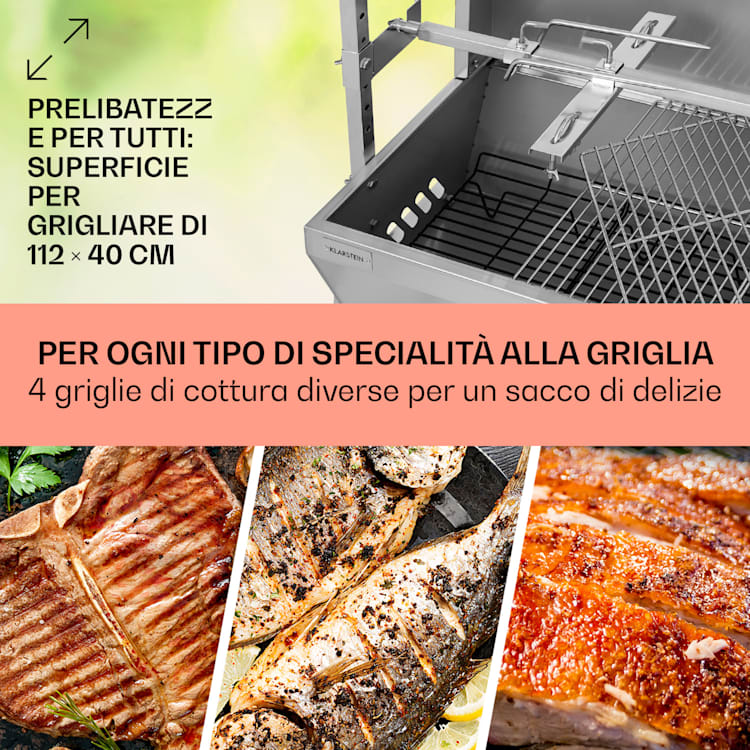 Sauenland Pro griglia da porchetta con spiedo 13W 4 ruote acciaio inox
