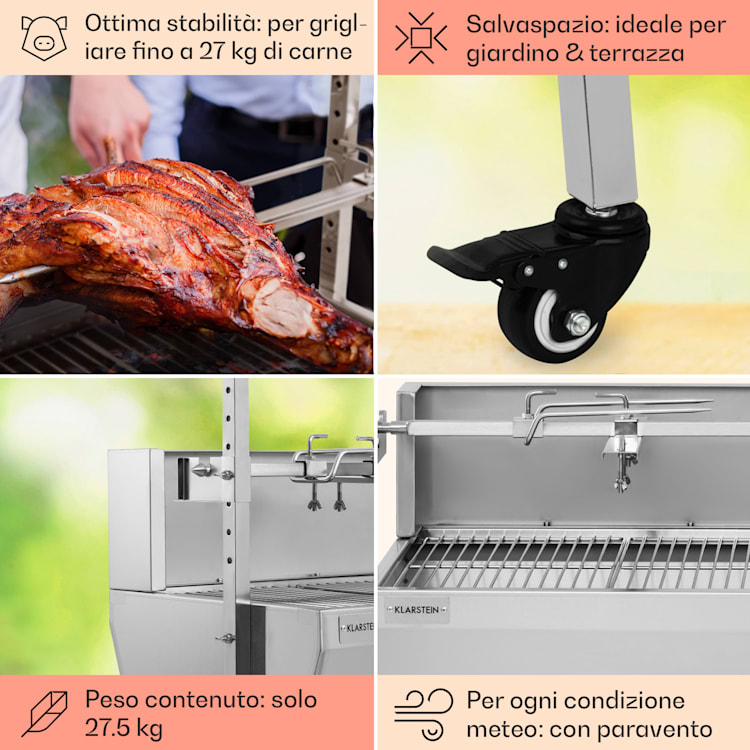 Sauenland Pro griglia da porchetta con spiedo 13W 4 ruote acciaio inox