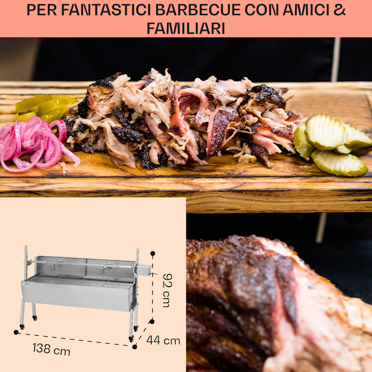Sauenland Pro griglia da porchetta con spiedo 13W 4 ruote acciaio inox