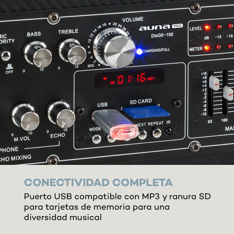 DisGo Box 100 Sistema de megafonía móvil 50W RMS BT ranura SD LEDs Batería USB negro