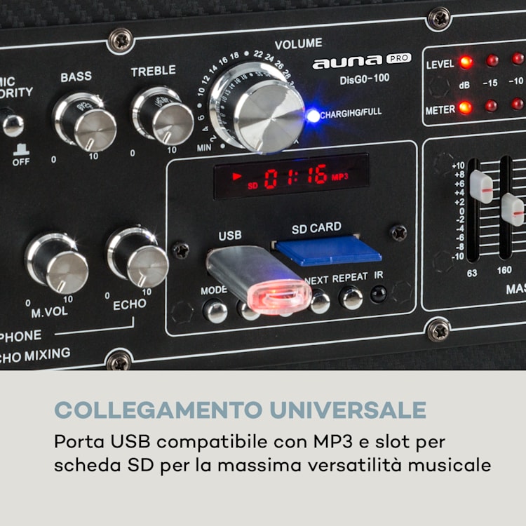 DisGo Box 100 impianto PA portatile 50W RMS BT slot SD LED USB batteria nero