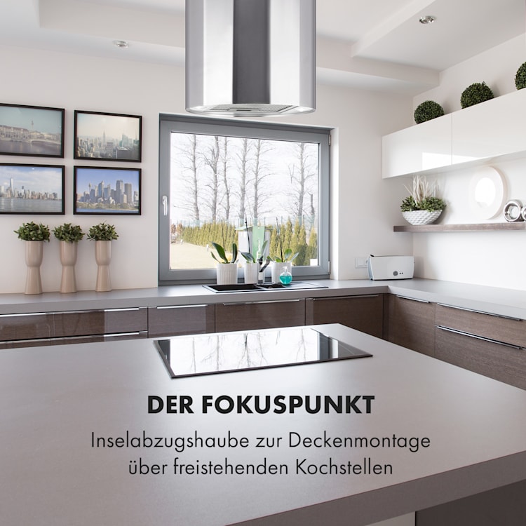 Beretta Inselabzugshaube Ø35cm Ab-/Umluft 650m³/h LED Aktivkohlefilter Edelstahl Silber