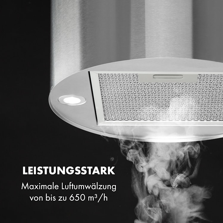 Beretta Inselabzugshaube Ø35cm Ab-/Umluft 650m³/h LED Aktivkohlefilter Edelstahl Silber