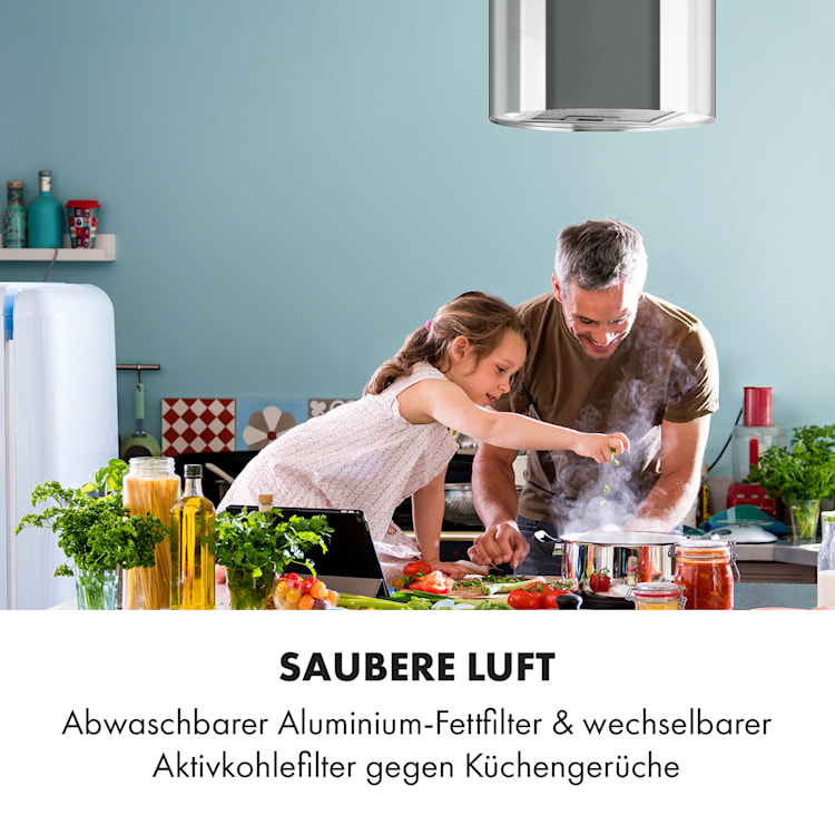Beretta Inselabzugshaube Ø35cm Ab-/Umluft 650m³/h LED Aktivkohlefilter Edelstahl Silber