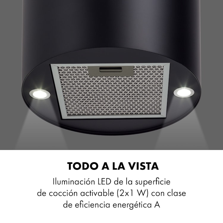 Klarstein Beretta Campana de isla Ø35cm Recirculación y extracción del aire 650m³/h led Negro Negro Mate