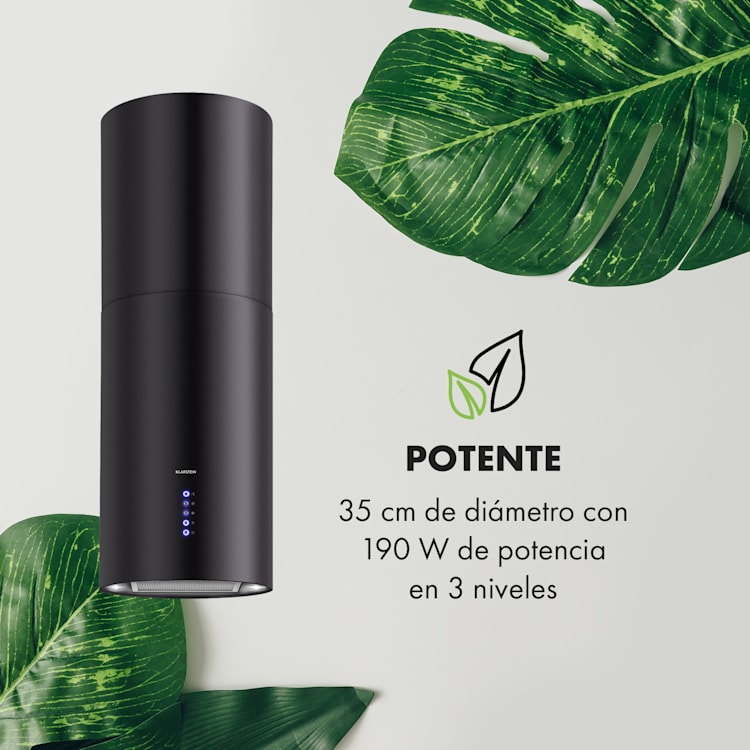 Klarstein Beretta Campana de isla Ø35cm Recirculación y extracción del aire 650m³/h led Negro Negro Mate