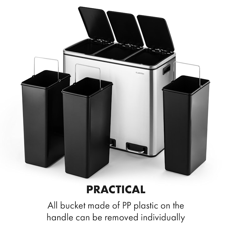 Grandmaster Trash Pedal Bin 54l / 3x18L Noiseless PP Stainless Steel