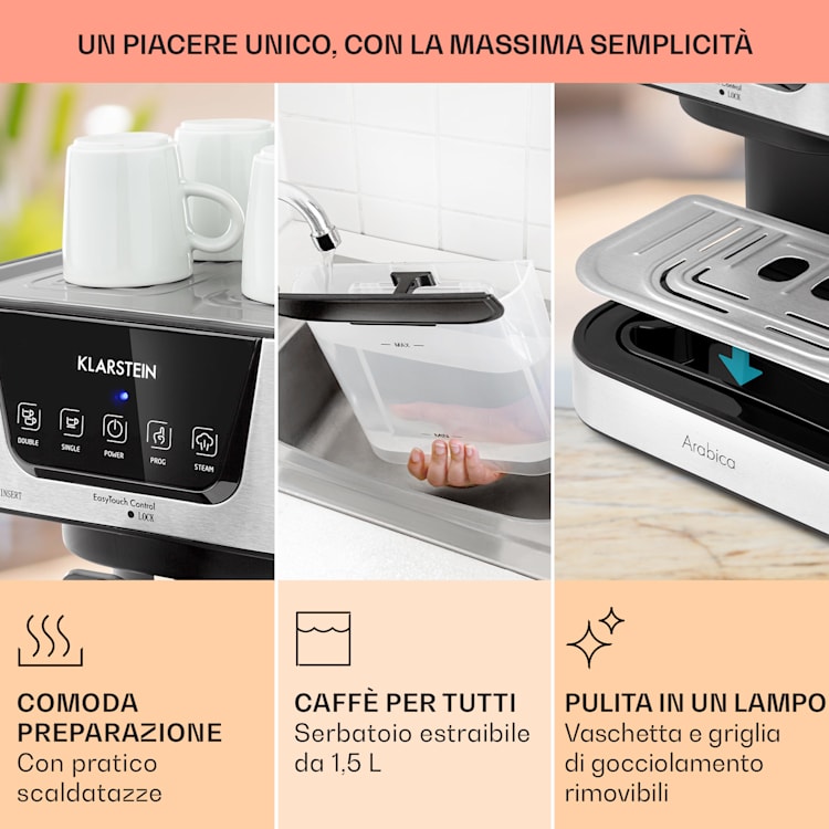 Arabica, Macchina per Caffè Espresso, 15 Bar, 1,5 L, Touch, Acciaio Inox, 1050 W Argento metallizzato